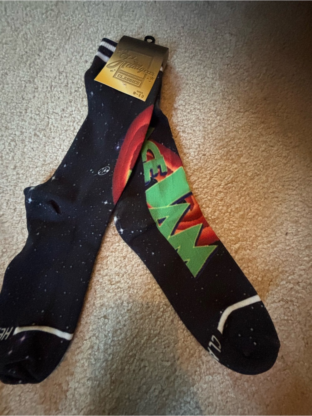 Graphic Crew Socks - Black with Green/Red Space Design